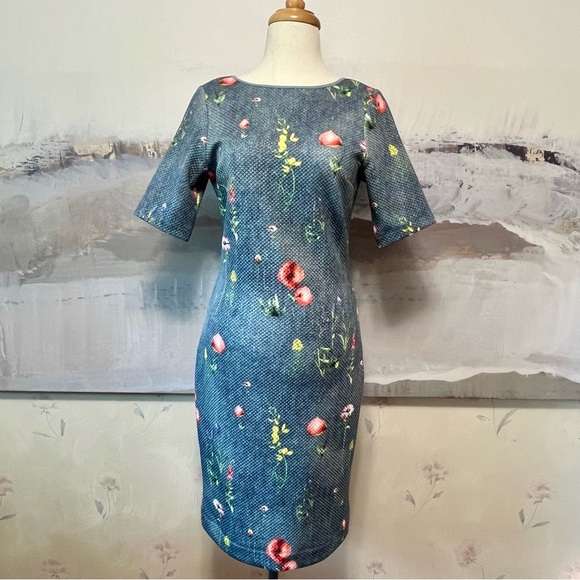 MARGARET O'LEARY Scuba Sheath Dress Womens‎ M Cottagecore Blue Floral Quilted - Picture 1 of 13